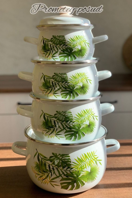 Набір каструль емаль 929 (1,5/2,5/3,5/5л) Монстера біла idilia (929) | Інтернет-магазин Prometey в Україні | Гурт та роздріб