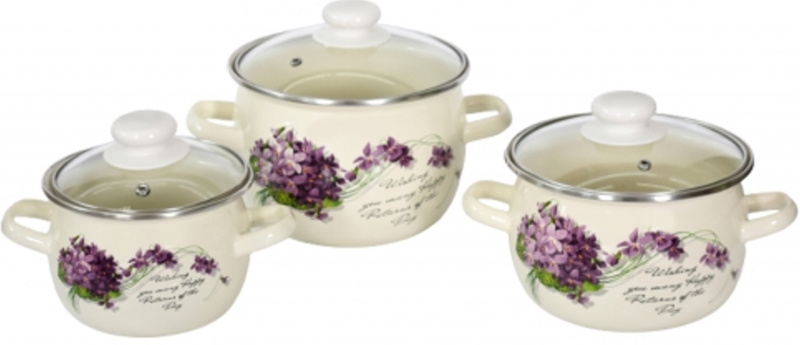 Набір каструль емаль 6928 (1,5/2,5/3,5л) Віола молочна idilia (6928) | Інтернет-магазин Prometey в Україні | Гурт та роздріб