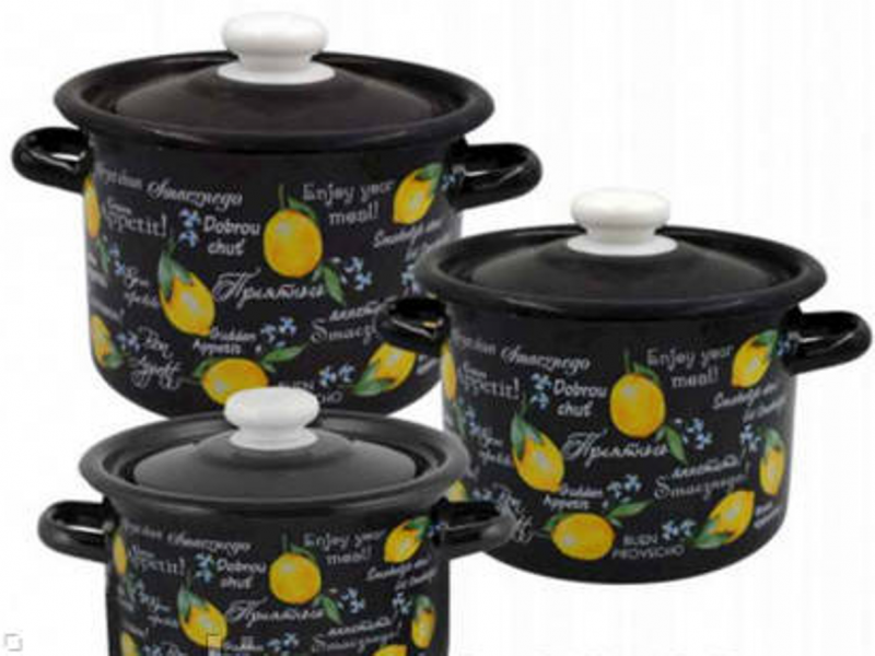 Набір каструль емаль 244 (2/4,5/5,5л) Фреш лимон (чорна)  idilia (244) | Інтернет-магазин Prometey в Україні | Гурт та роздріб