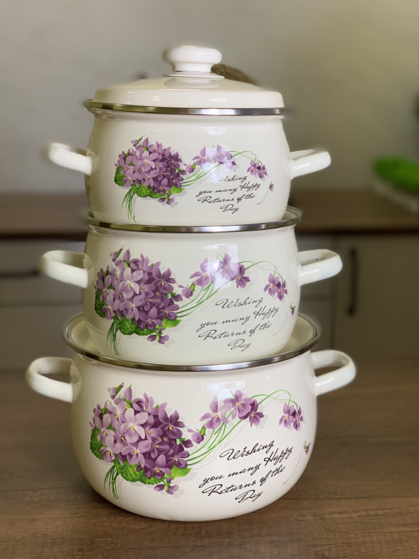 Набір каструль емаль 6928 (1,5/2,5/3,5л) Віола молочна idilia (6928) | Інтернет-магазин Prometey в Україні | Гурт та роздріб