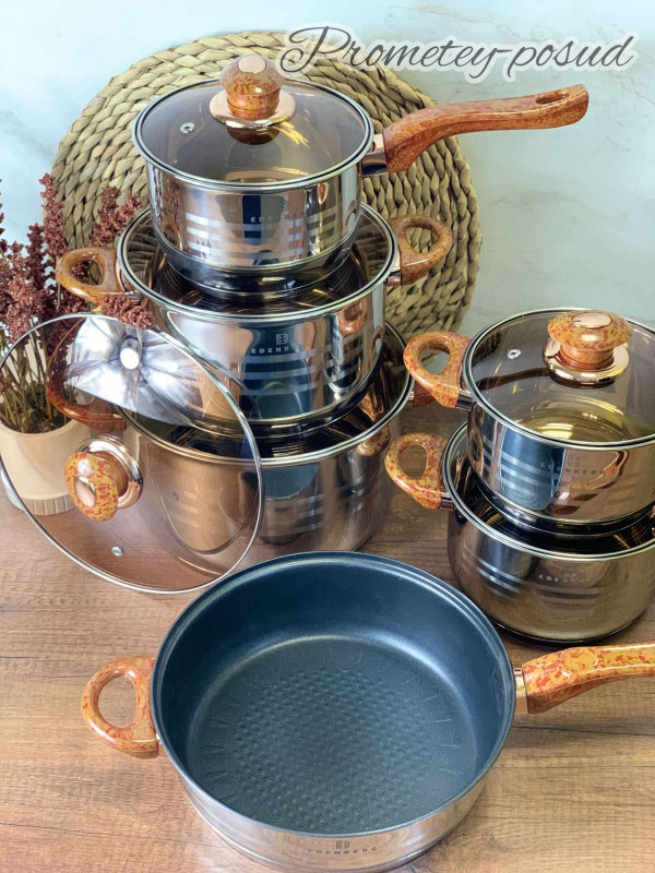 Набір каструль 12пр. (1,9, 1,9, 2,7, 3,6, 6,5, 3,4л.-сковор.) (1143-EB) | Інтернет-магазин Prometey в Україні | Гурт та роздріб