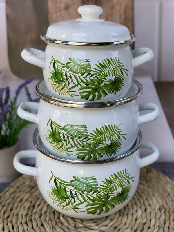 Набір каструль емаль 929 (1,5/2,5/3,5/5л) Монстера біла idilia (929) | Інтернет-магазин Prometey в Україні | Гурт та роздріб