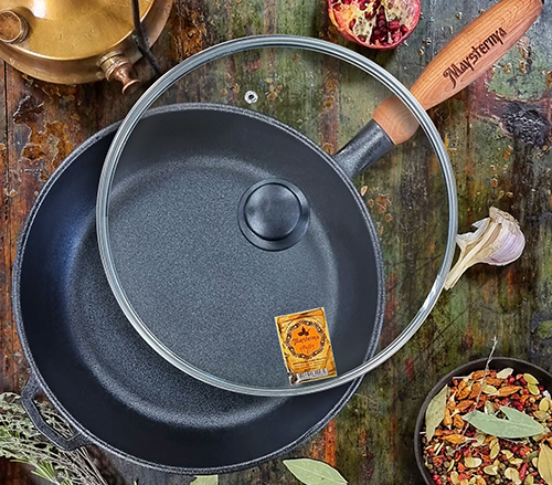 Сковорода чавунна 28*6см.лита з дерев.ручкою зі скляною кришкою SnT (306-ТСЗ) | Інтернет-магазин Prometey в Україні | Гурт та роздріб